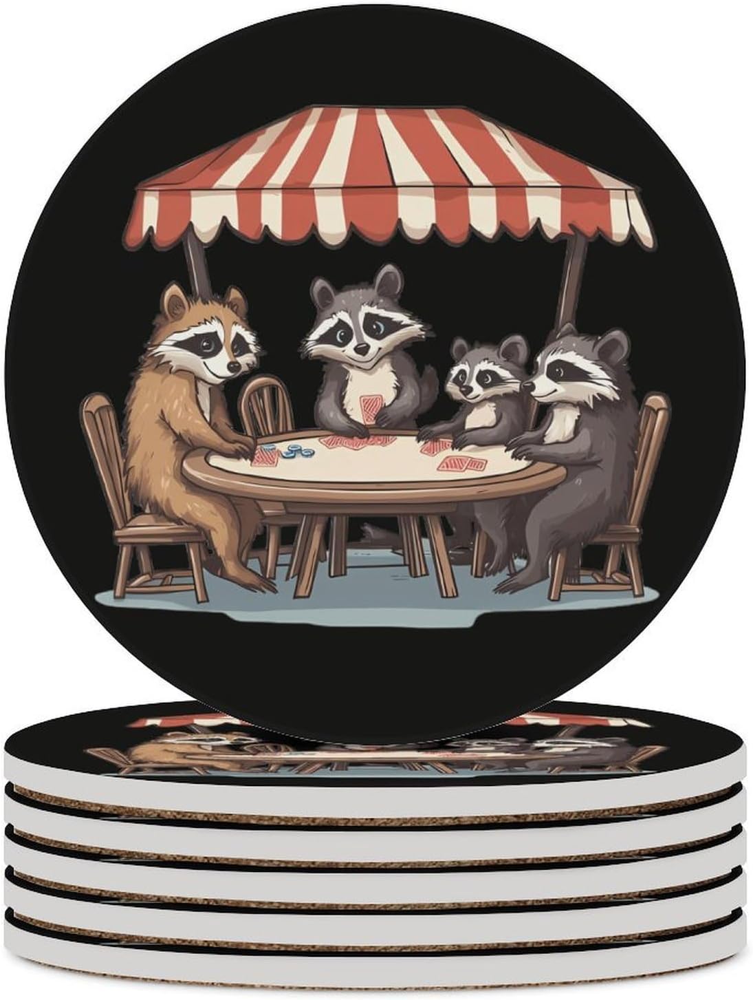 Raccoons Animal Poker Round Ceramic Coasters for Drinks Absorbent Cup Holder Tabletop Protector with Cork Base