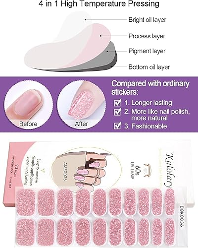 Miniatura 4 de Kalolary 20 tiras de esmalte de uñas de gel, adhesivo de envoltura completa, calcomanías de gel impermeables con lima de uñas y palo (requiere