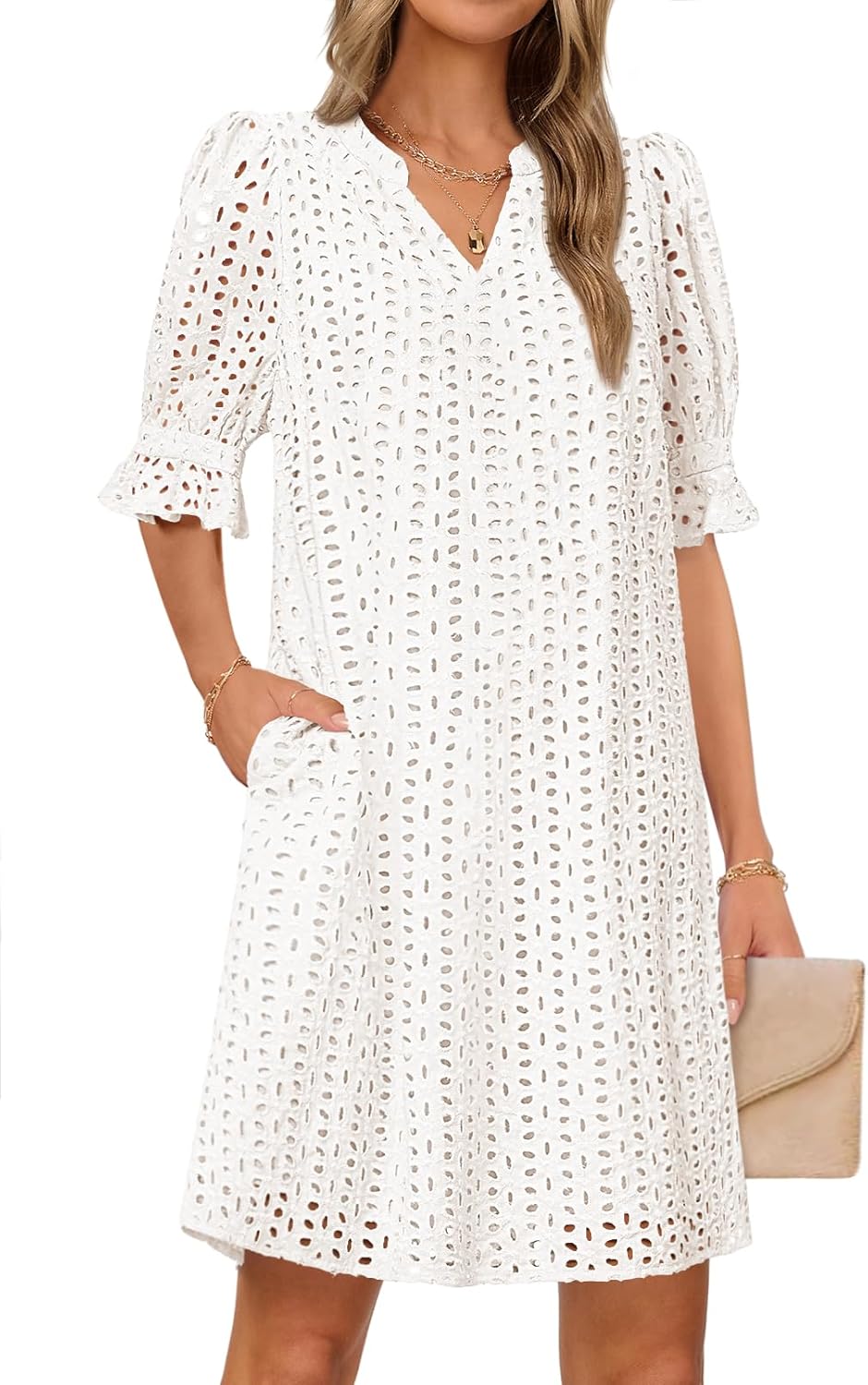 MEROKEETY Women's 2026 Summer Short Sleeve Mini Dress V Neck Ruffle Hollow Out Eyelet Lace Dresses