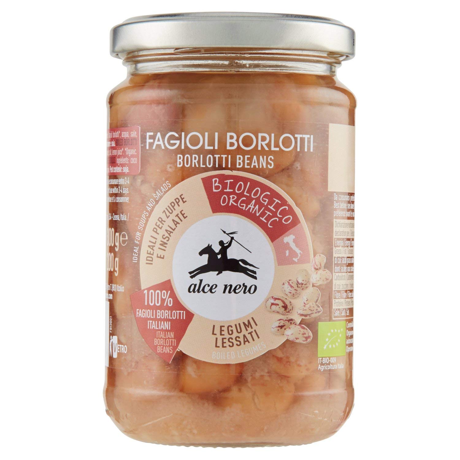 Alce NeroOrganic boiled Borlotti Beans - Without Added Salt-Rehydrated and Boiled Borlotti | FAGIOLI BORLOTTI LESSATI BIO ALCE N, 400g