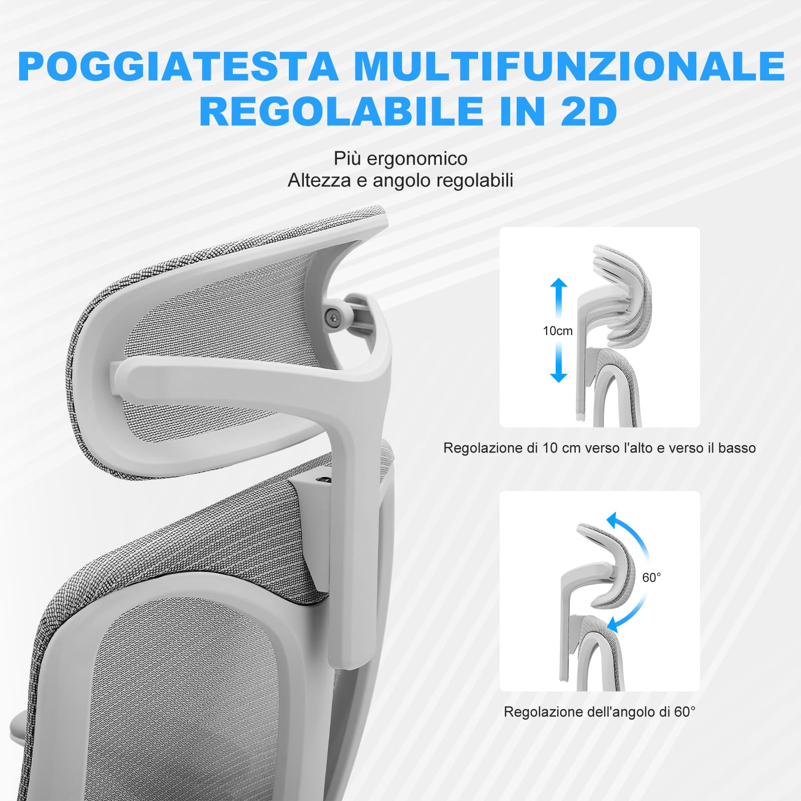 Magic Life Sedia da ufficio ergonomica,Sedia con poggiatesta 2D in rete con schienale alto, supporto lombare confortevole, braccioli regolabili (Bianco)
