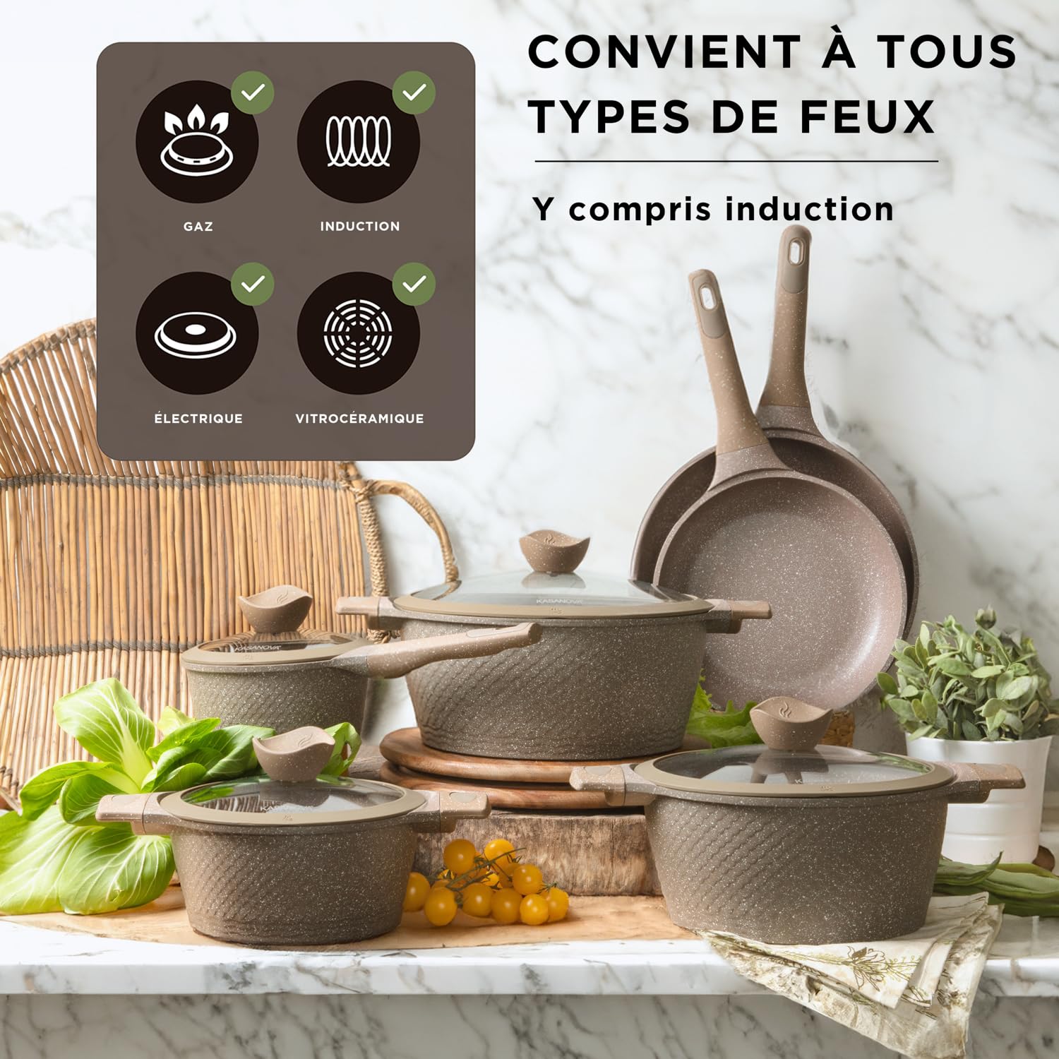 KASANOVA Set de casseroles antiadhésives 0 Graisses, batterie de cuisine pour induction et tous types de plaques, set de casseroles et poêles antiadhésives à 4 couches avec design moderne. (10 pièces)