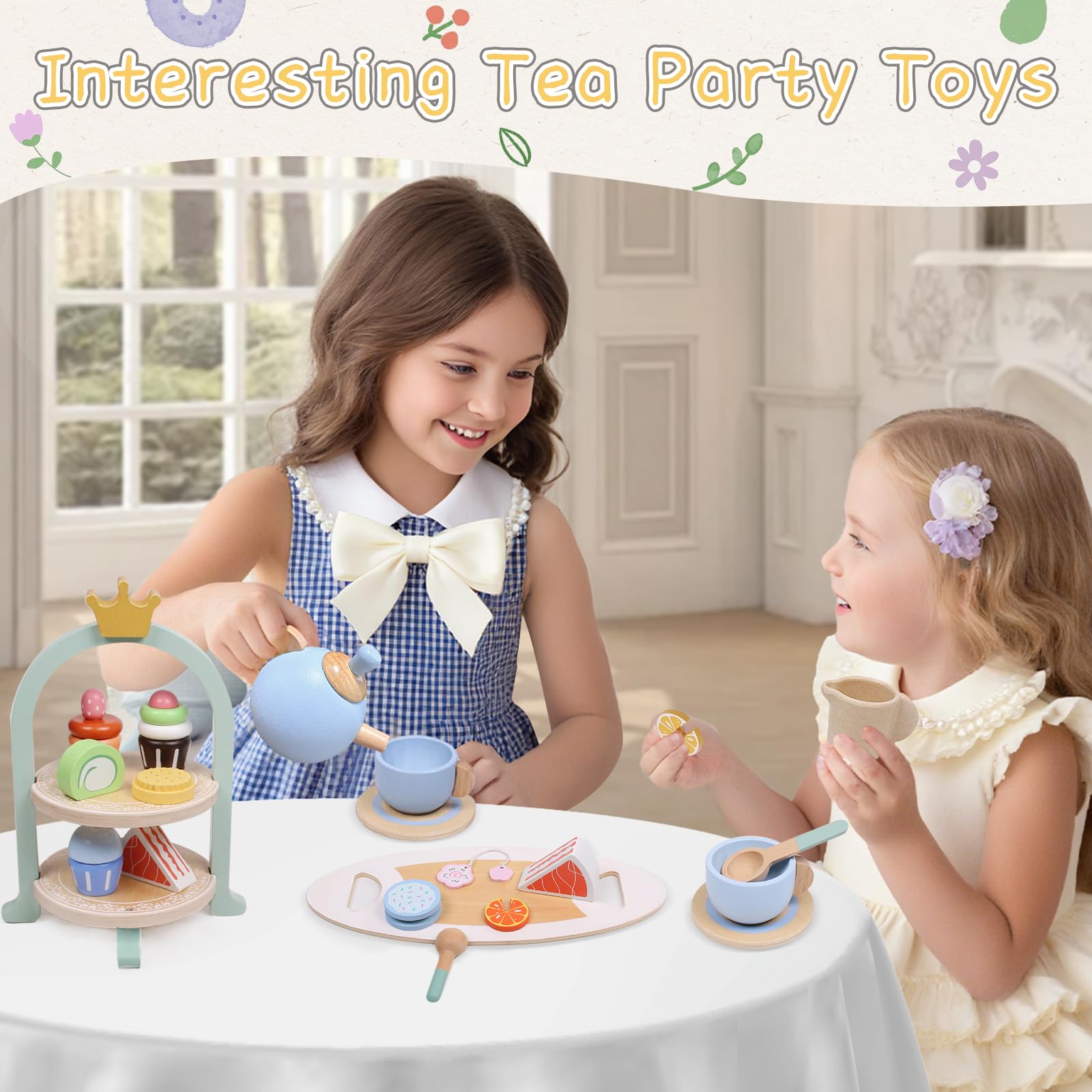 Set da tè in Legno per Bambini, Giocattolo Educativo Montessori con Torta e Accessori, Gioco di Ruolo Tea Party, Regalo per Bambina Ragazzi Ragazz 3 4 5 6 Anni
