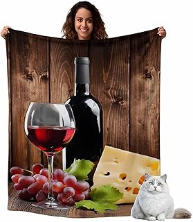 Flannel Fleece Throw Blankets Farm Red Wine Grape Vintage Wood Board Throws Blankets, Cheese Fruit Wine Glass Lightweight Soft Warm Blanket for Couch Sofa Bed Living Room All Season Use, 50x60in
