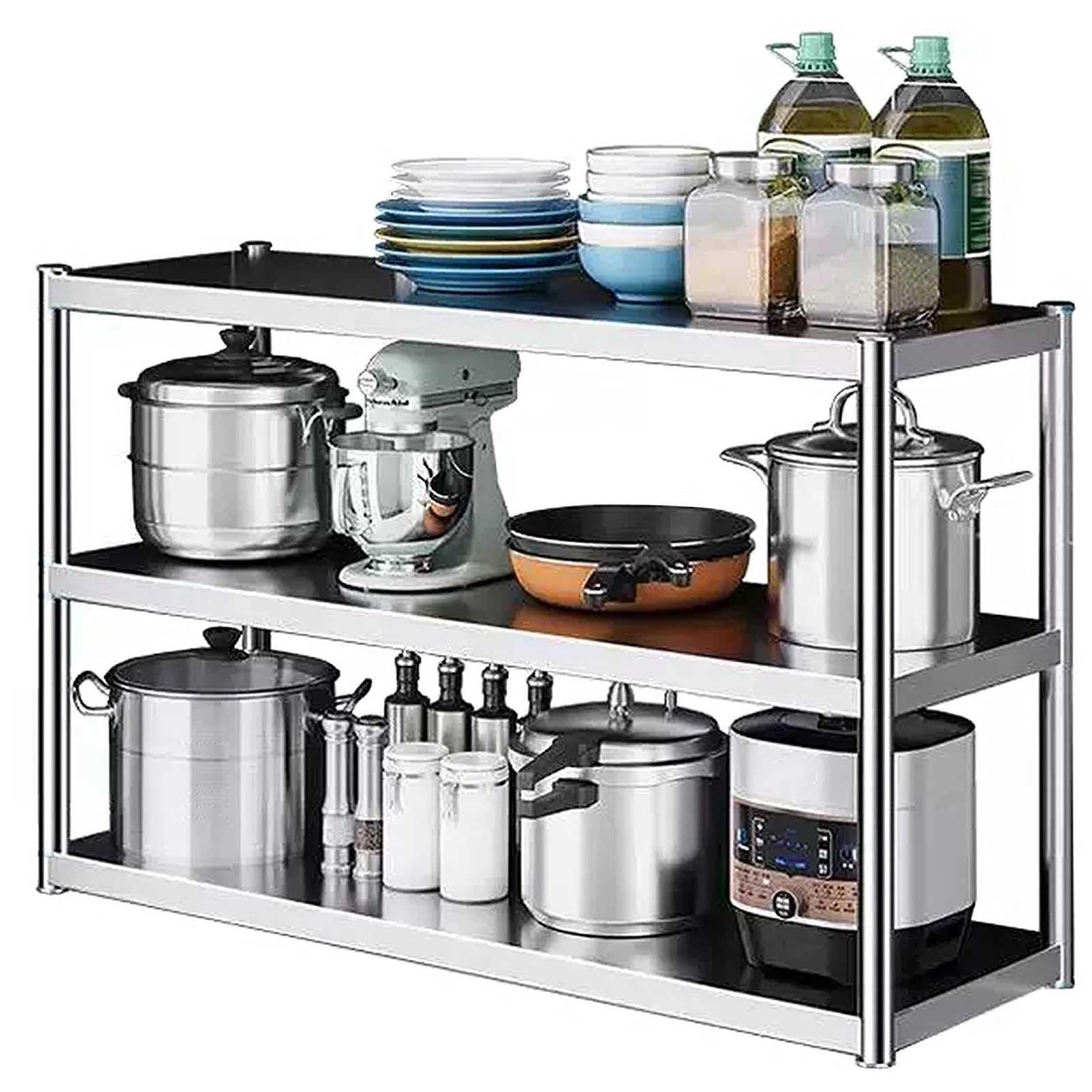 Scaffale da cucina a 3 ripiani in acciaio inox, per cucina, dispensa pesante, per casa, ristorante e ga, 150 x 30 x 75 cm, soluzione salvaspazio