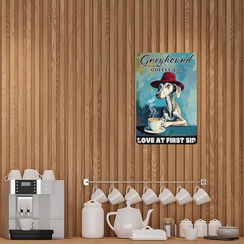 Miniatura 5 de Cartel de hojalata vintage de Greyhound Dog Love At First Sip Retro Coffee Póster de metal divertido para amantes de los perros, arte de pared para