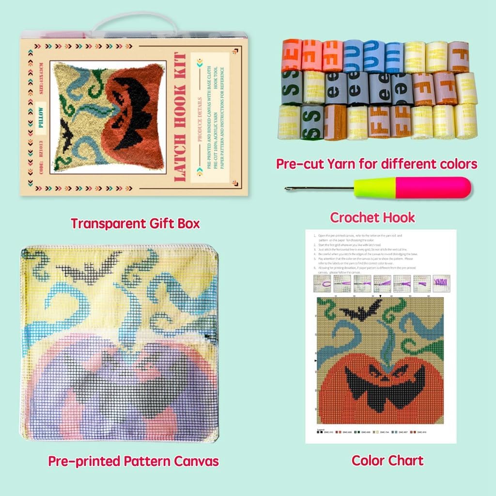 DL-YTG DIY Latch Hook Kits for Art Craft Throw Pillow Pattern Paint Cross Stitch Set ：Halloween Pumpkin A-16X16 Inch