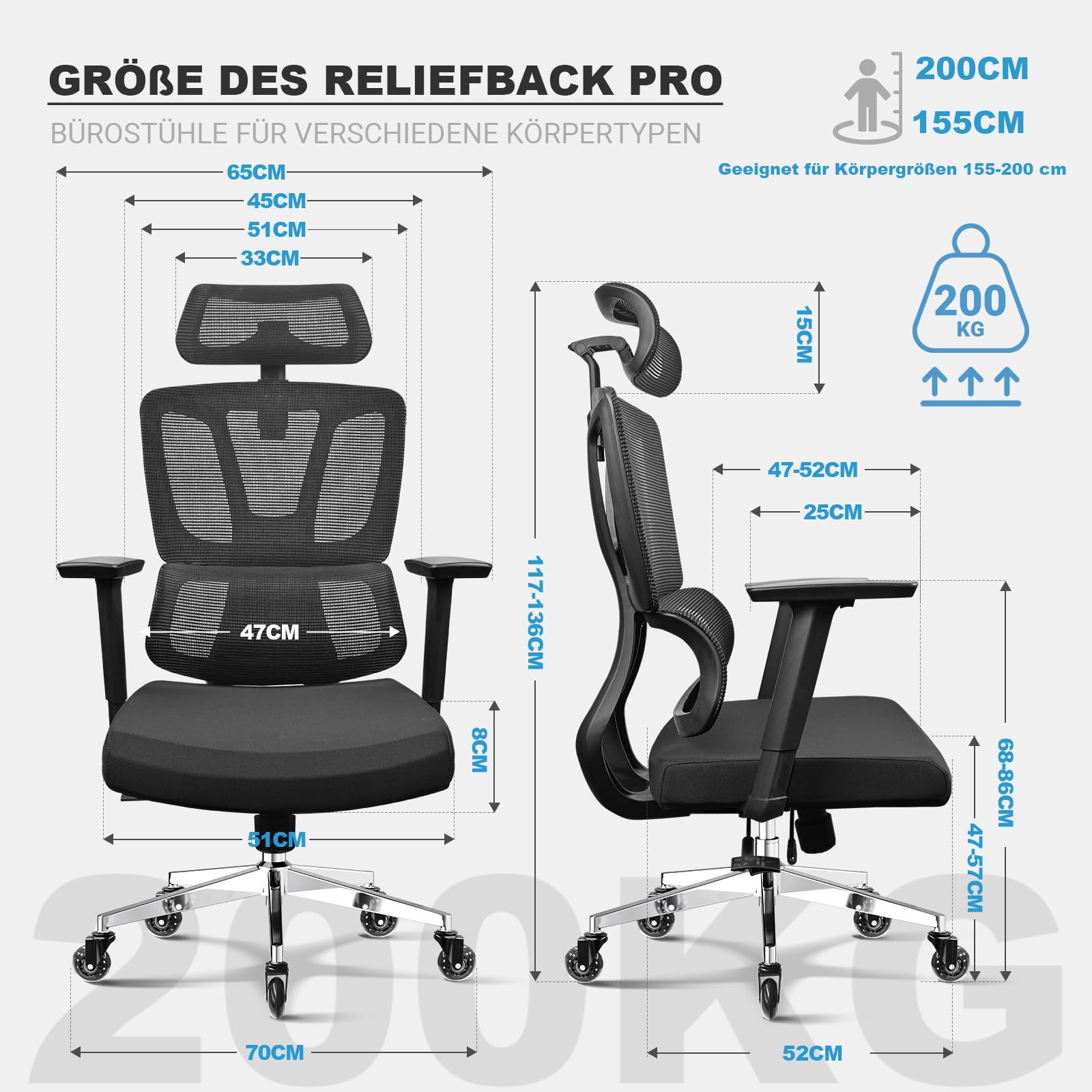 MELOKEA Bürostuhl Ergonomisch, 4D-Armlehnen, Verstellbare Sitztiefe, 4-Stufen Neigung, 3D-Kopfstütze, Gummirollen, Hohe Rückenlehne, Lordosenstütze, Langes Sitzen, Office & Gaming, Bürostuhl 200KG