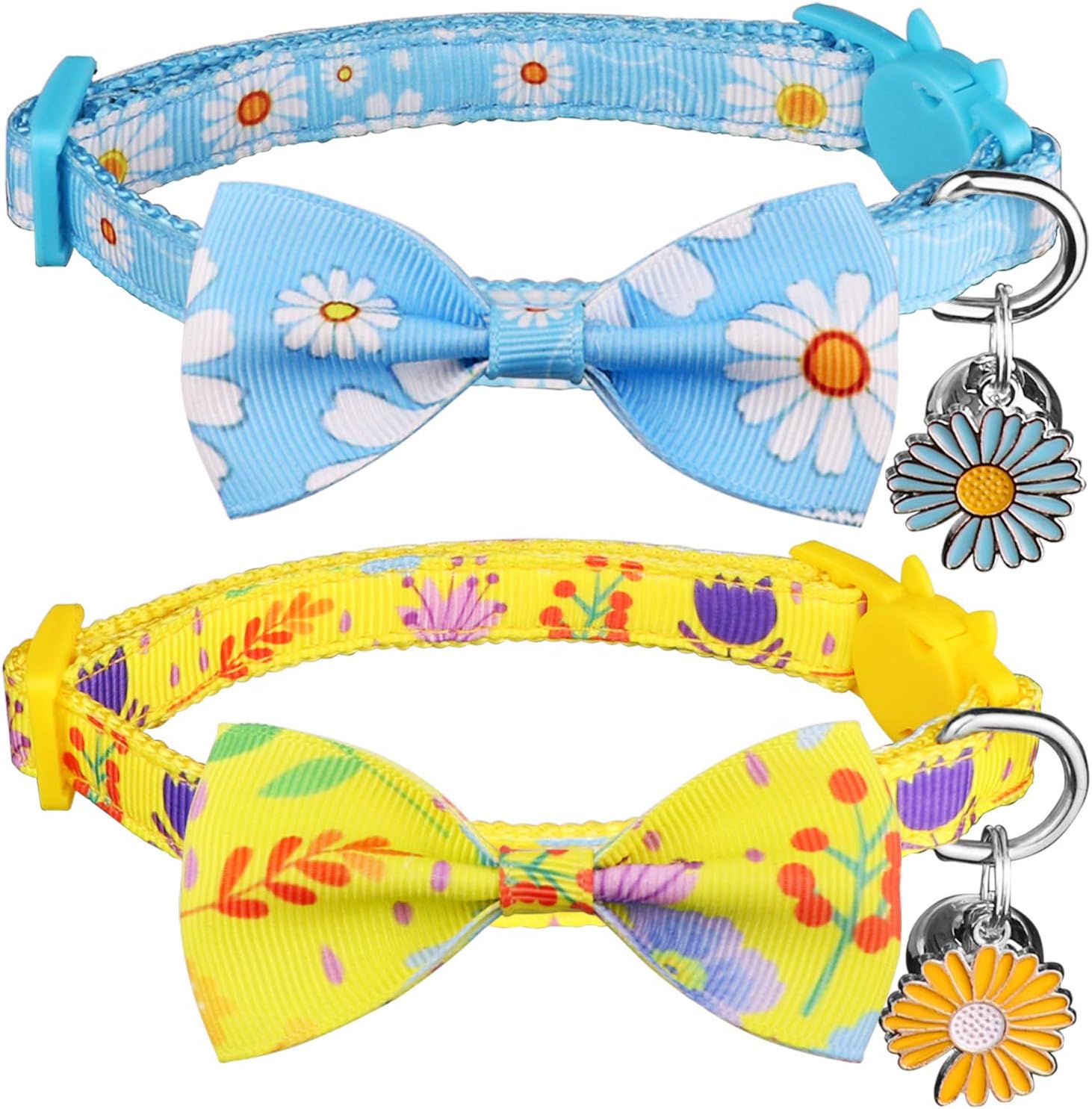 Stpiatue 2PCS Breakaway Cat Collar with Bow Tie and Bell Abstract Floral Pattern Kitten Collars Cute Cat Collars Flower Kitty…