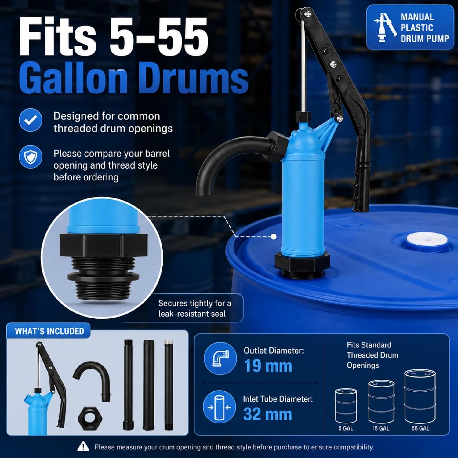 55 Gallon Drum Pump Plastic Hand Lever-Action Barrel Pump Fits 5-55 Gallon Drums - Transfers Motor Oil, Diesel, Lubricants, Kerosene, Gear Oil, Fuel, Water, Alcohol