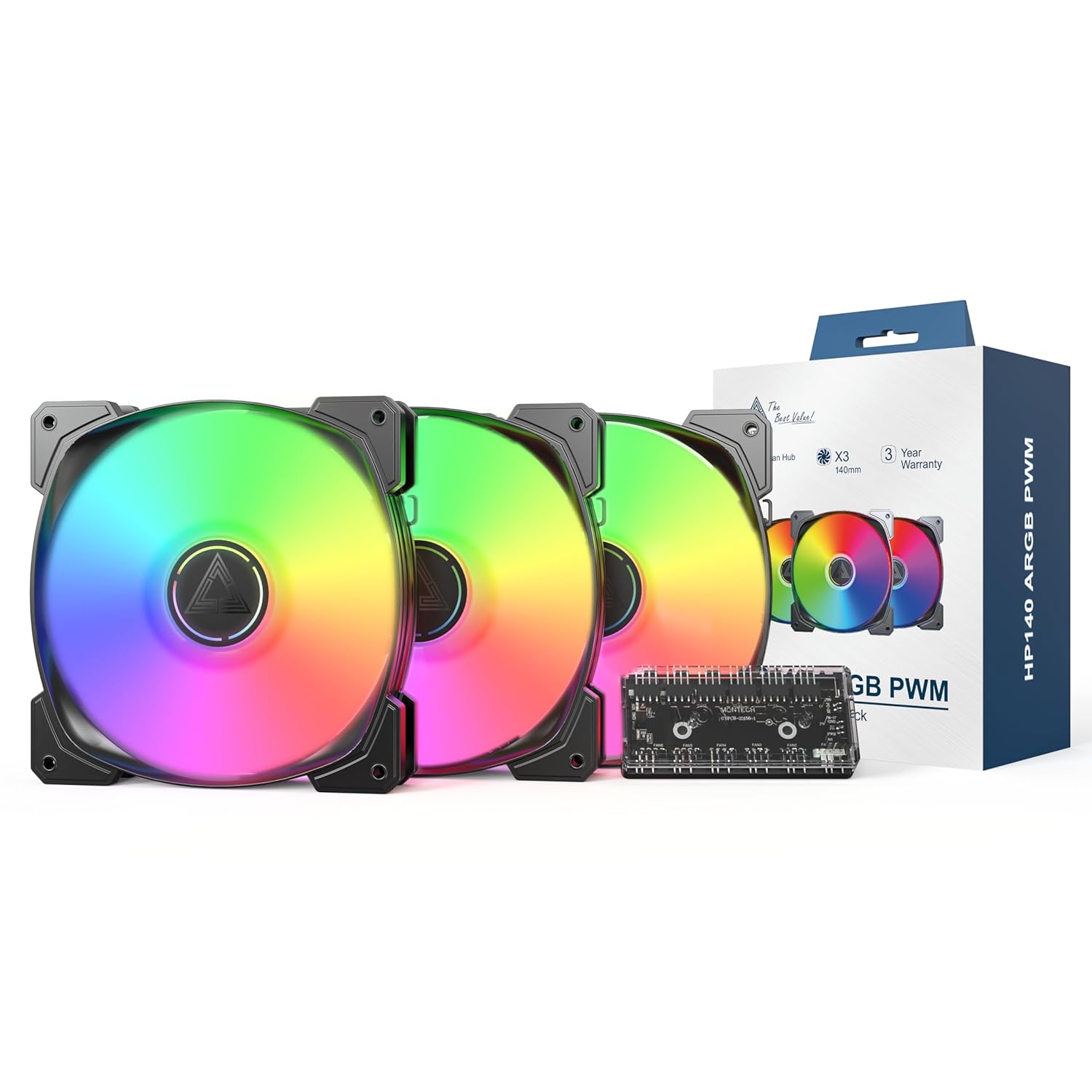 MONTECH HP140mm PWM ARGB Fan 3-in-1 Pack with Hub and Packaging
