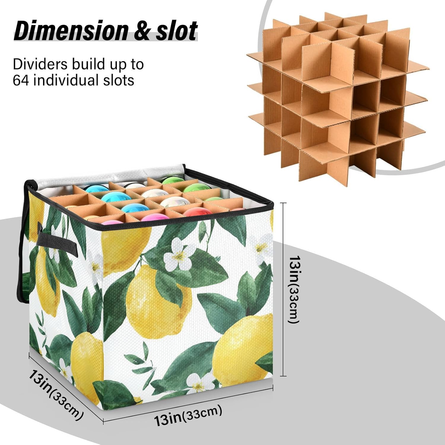 OTVEE Christmas Ornament Storage Box Holiday Decoration Organizer Stores upto 64 Holiday Ornaments Adjustable Dividers Tear-Proof Fabric Fresh Lemon Decor