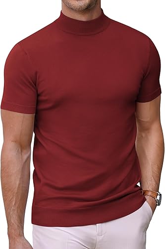 COOFANDY Suéter de cuello alto falso para hombre, de manga corta, color sólido, básico, ajustado, de punto