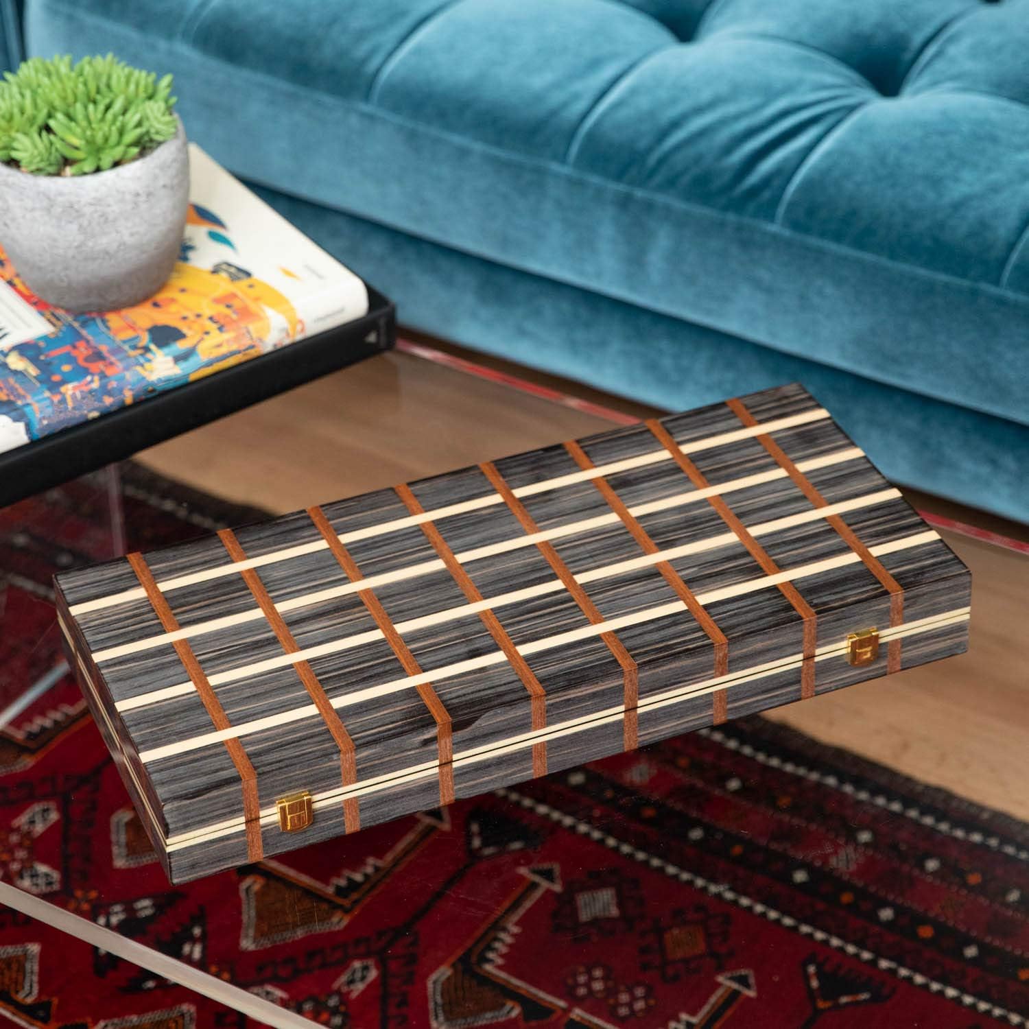 Bey-Berk Leo Wood Backgammon Set (21” Board), High Lacquer Art Deco Inlaid Case with Wood Checkers and Brass Hardware