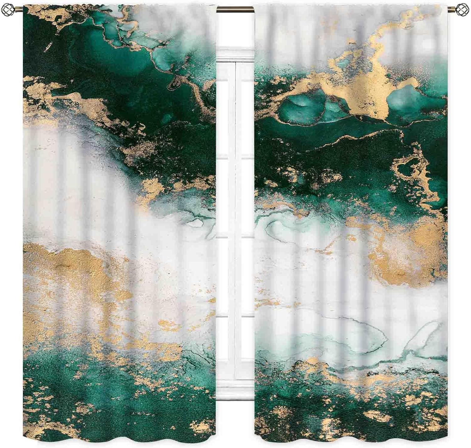 Green Marble Curtains, Abstract Emerald Green Golden Glitter Foil Printed Aesthetic Unique Modern Luxury Window Treatments Drapery for Bedroom Living Room Bathroom Kitchen 2 Panels, 84"x63" Inch