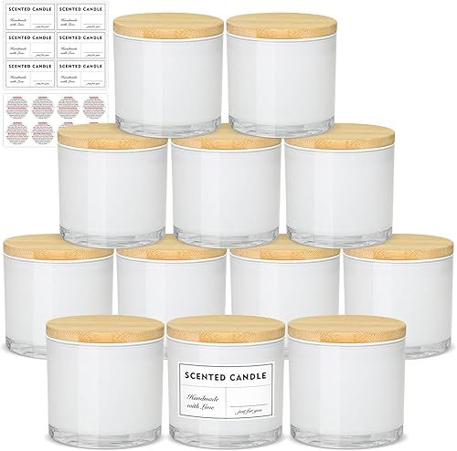 Tarros de vela de vidrio de 4 onzas, paquete de 12 tarros de vela vacíos blancos con tapas de bambú y etiquetas adhesivas, tarros de velas pequeños