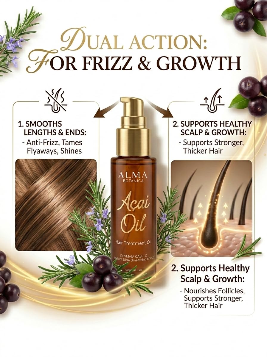 Açaí Hair Oil & Rosemary Hair Strengthening Serum - Instant Smoothing, Anti-Breakage & Frizz Control for Dry Damaged Hair, 1.69 Fl Oz