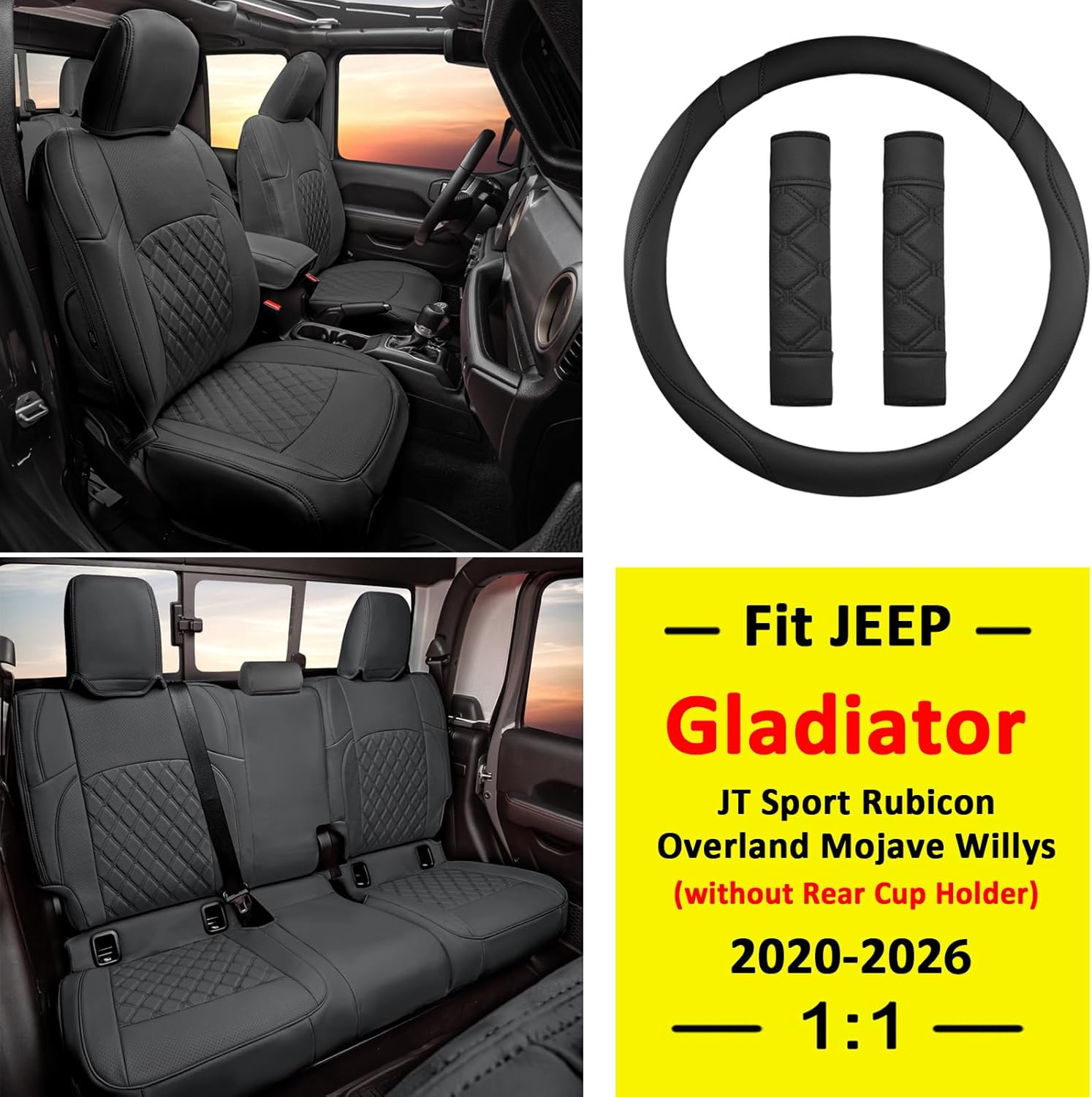 GIANT PANDA Customized Fit Gladiator Seat Covers for Jeep Gladiator JT Sport Rubicon Mojave Willys Freedom 2020 2021 2022 2023 2024 2025 2026 Without Rear Cup Holder,Full Set Faux Leather - (Black)