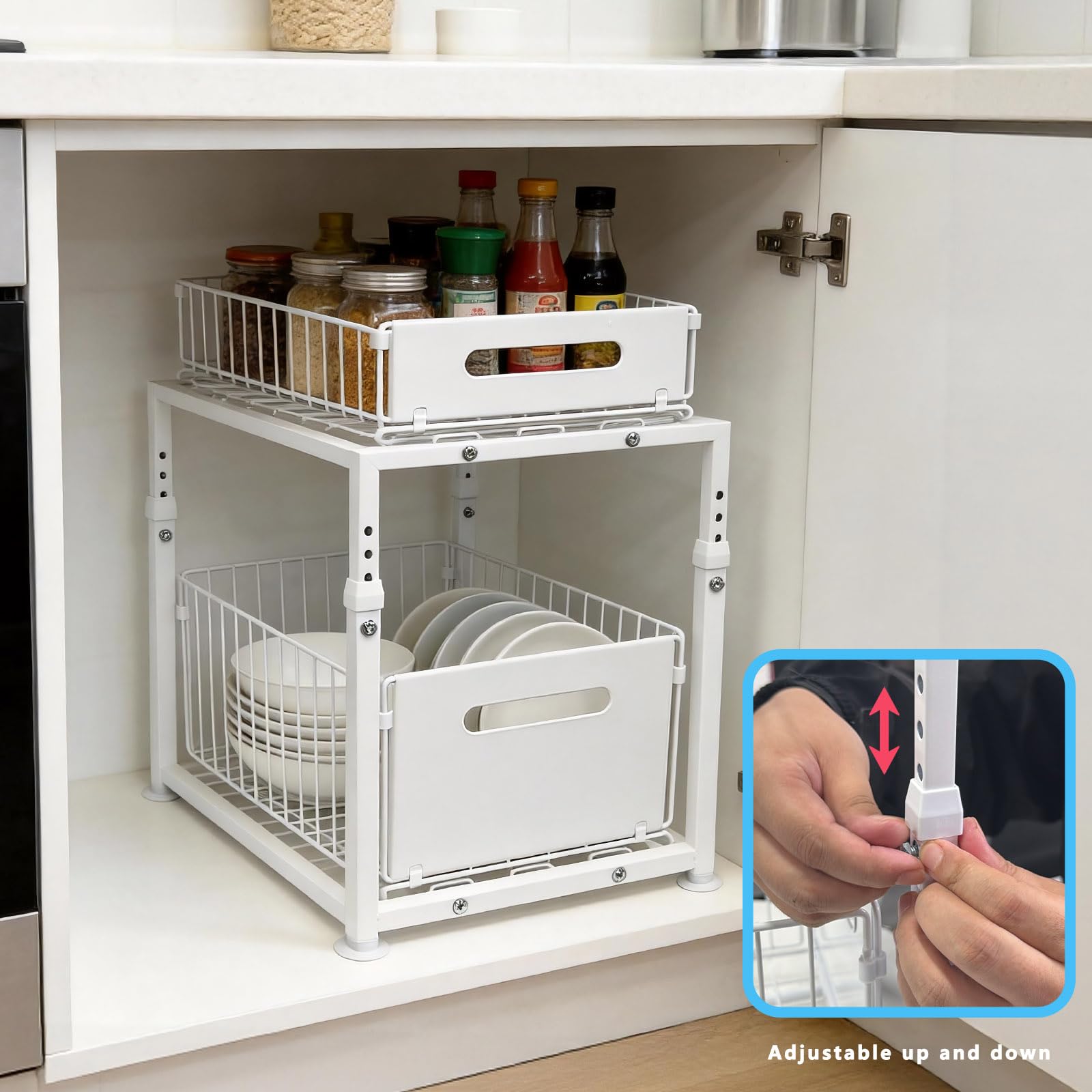 Küchenorganizer Unterschrank Ausziehbar 41-49cm Weiß 2 Stück | Ausziehbare Metallkörbe für Unterspülschrank, 5-fach höhenverstellbar 41-49 cm, passt in 60 cm Standard-Unterschrank