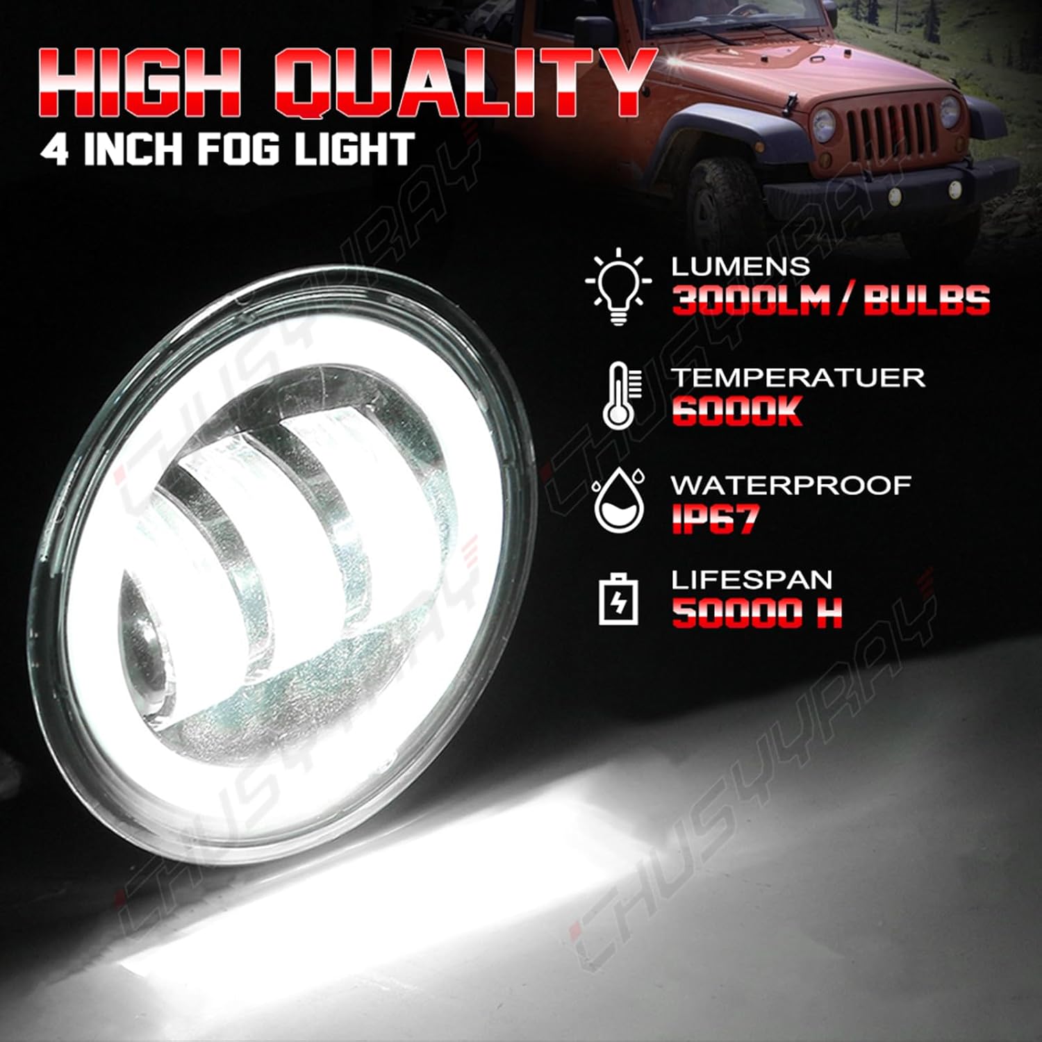 CHUSYYRAY 4 Inch Fog Light Assembly Compatible with Freightliner Coronado Fog Lights Assembly, LED Driving Bumper Clear Lens Fog Lamps with DRL and Turn Signal, 6000K Super Bright, Pack of 2