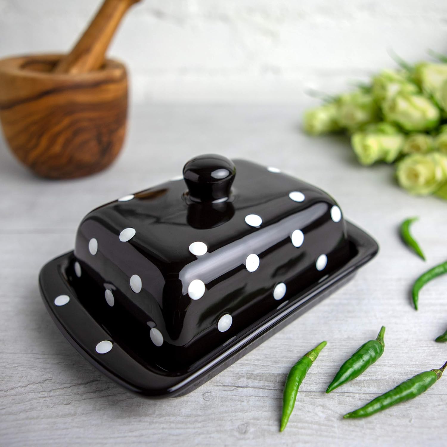 City to Cottage Large Ceramic Butter Dish With Lid for Countertop - Handcrafted Black and White Polka Dot Keeper, Container With Knob Handle, Holder Tray With Cover