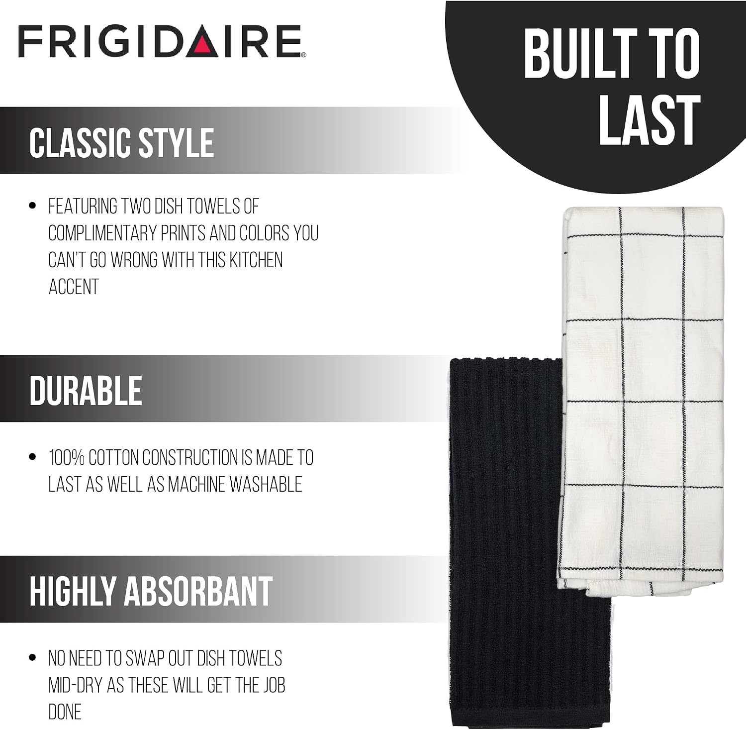 Frigidaire Carmen 2-Piece Cotton Kitchen Towel Set-Black and Square Print