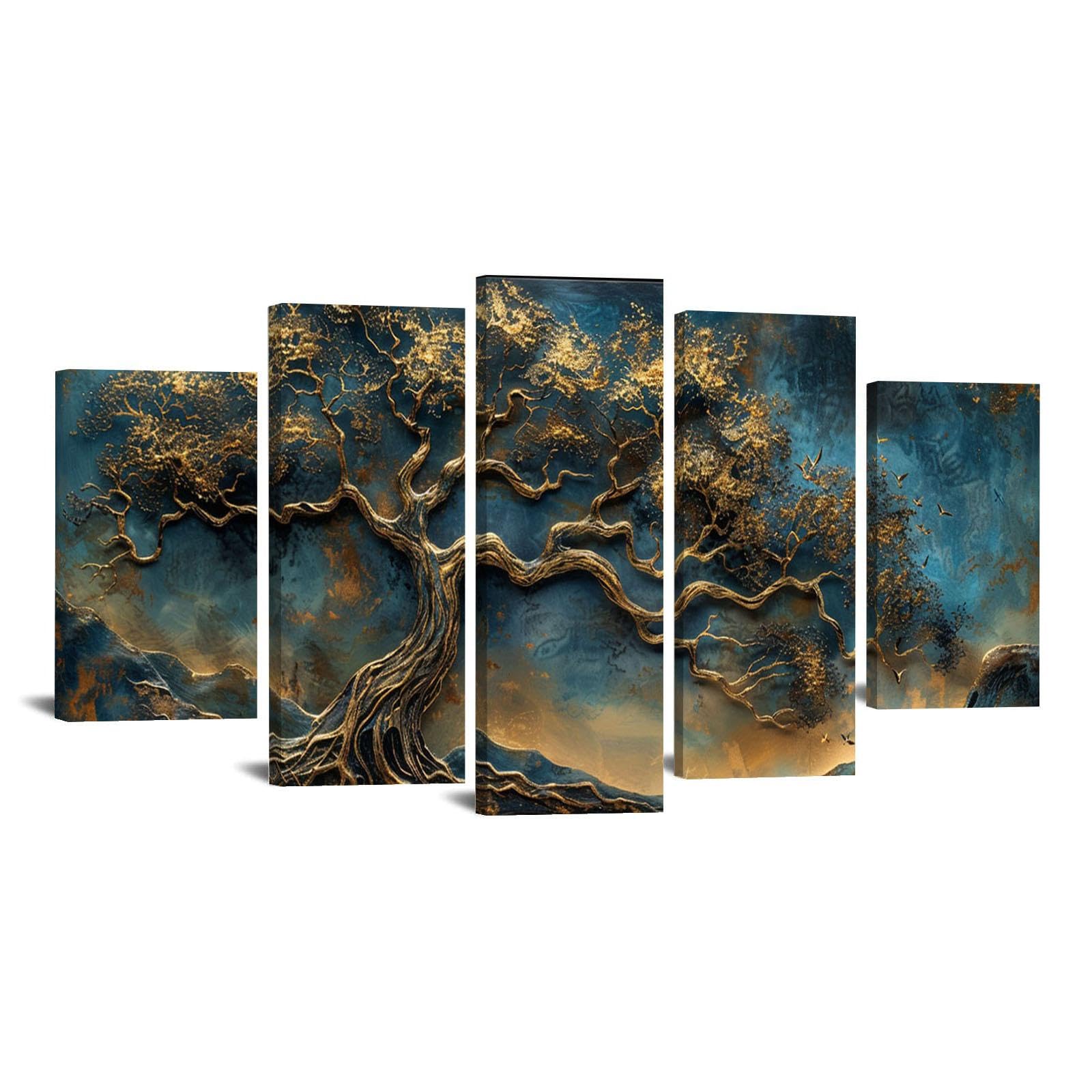 JOSUE Set de 5 áRbol De La Vida Cuadros Árbol Vintage Abstracto Cuadros Grandes Lienzo,Gris Cartel Sala De Estar Cuarto De BañO Comedor Decorativos-60x125cm Enmarcado