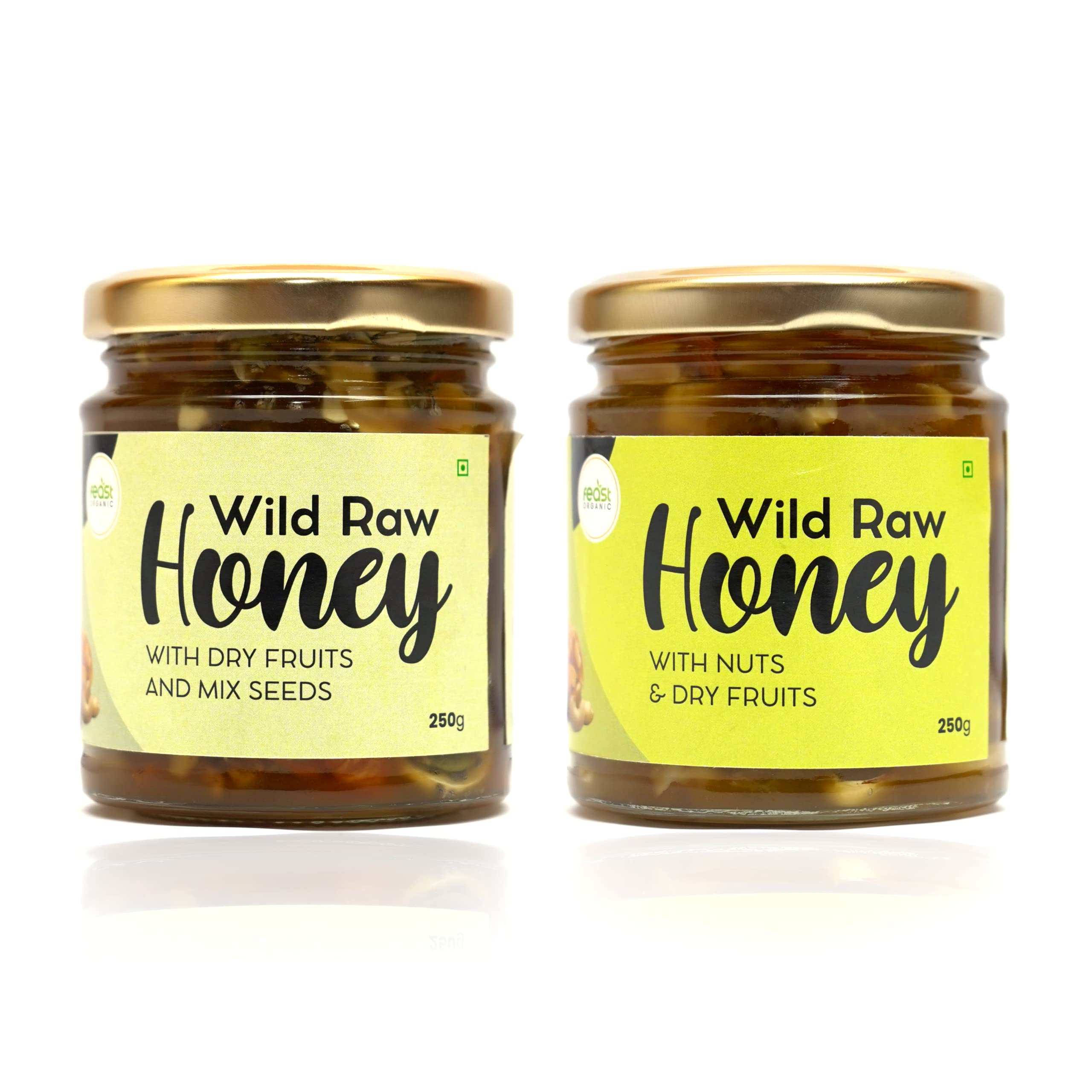 Feast Organic Wild Organic Honey with Dry Fruits & Mix Seeds & Wild Raw Honey with Mix Nuts | Pure & Fresh | Healthy Natural Best Immunity & Energy Booster | 250gm Each (250g X 2) | 500gram Combo Pack