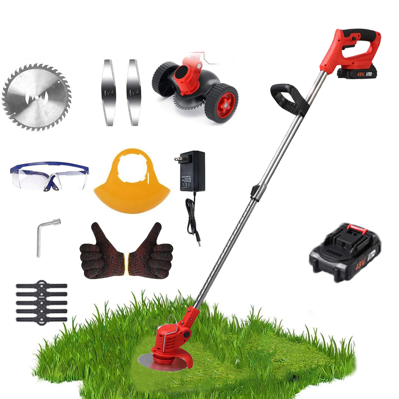 Coupe-Herbe sans Fil 21V avec 2 Batteries 1200mAh et Roue Auxiliaire Rouge