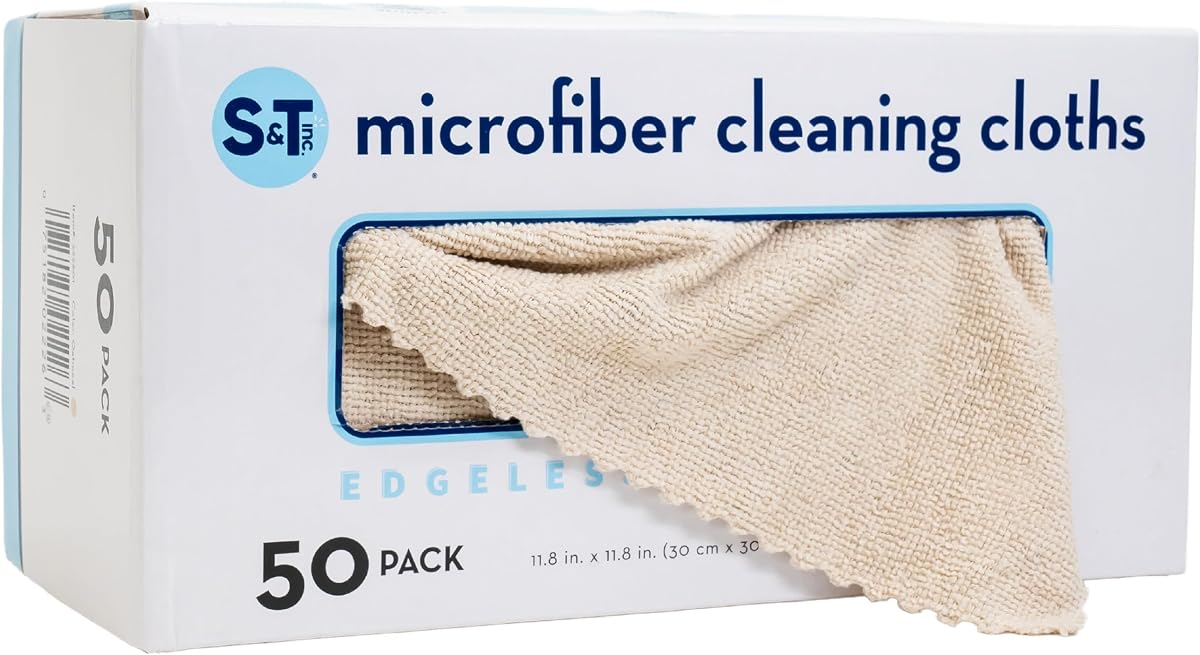 S&T INC. Microfiber Cleaning Cloth, 50 Pack, 11.8" x 11.8", Beige | Storage Box Included, Edgeless Cleaning Cloth for Home and Car, Reusable and Multi-Purpose Cleaning Rags, Machine Washable