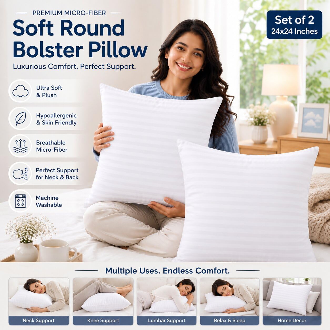 JDX Big Size Micro-Fiber Cushion Set of 2 - Size 24x24 Inch - Best Hotel Quality - Premium Fiber - Color White | 18011-2-24x24 1