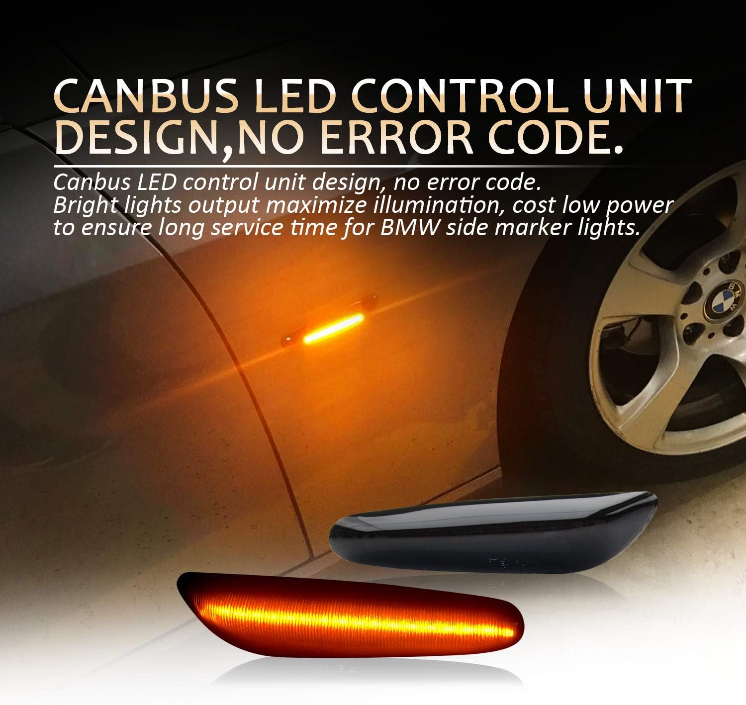 D-Lumina Sequential Amber LED Side Marker Turn Signal Lights Assembly for BMW E90 E91 E92 E93 E46 E53 E60 E61 X3 E83 X1 E84 E81 E82 E87 E88 Side Marker Light, Smoked Lens Side Marker Lamp, Pack of 2