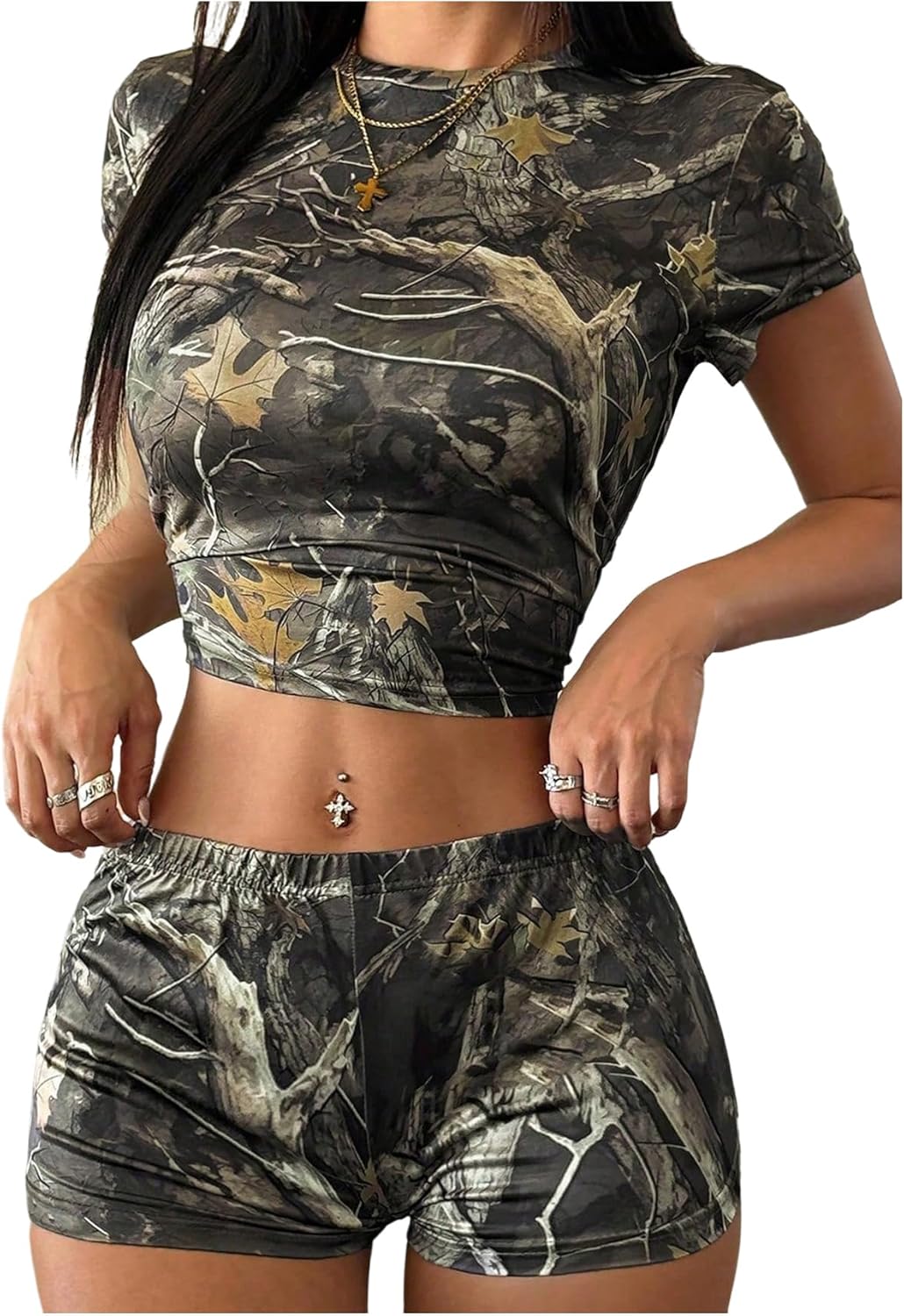 SweatyRocks Women's 2 Piece Outfits Camo Maple Leaf Print Camouflage Crop Top and Y2k Shorts Sets