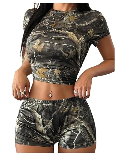 SweatyRocks Women's 2 Piece Outfits Graphic Print Cap Sleeve Crop Top and Y2k Shorts Sets - Medium Petite - Army Green