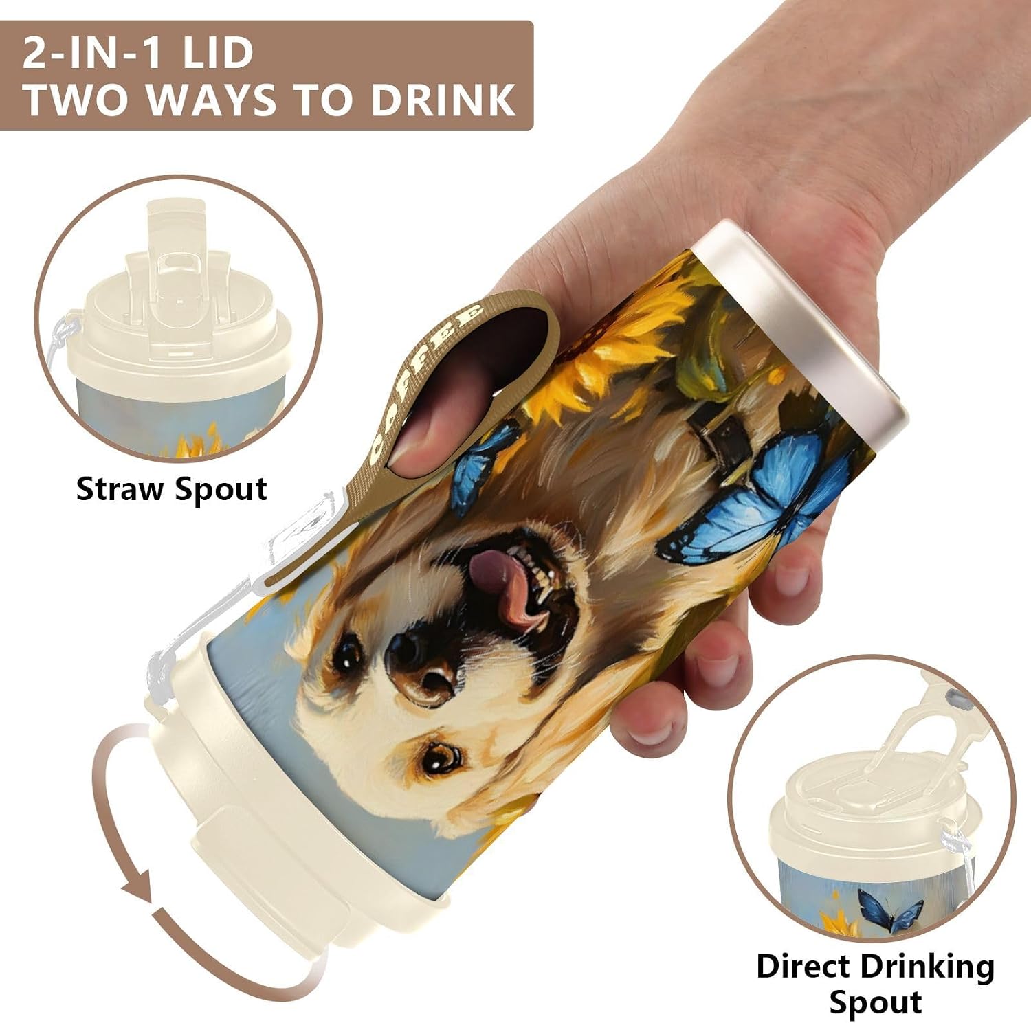 Golden Retriever Dog Sunflower Insulated Coffee Mug with Straw & Flip Lid, 16.9oz Iced Tumbler Cup, Double Wall Vacuum Leak-Proof Mug for Travel Office