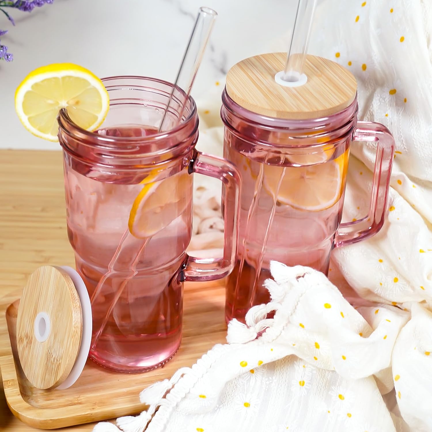 Pink Glass Cups with Lids and Straws 2 Packs - 24oz Glass Tumbler with Handle, Cute Cups Mason Jar - Wide Mouth Reusable Drinking Glasses, Smoothie Tumbler Iced Coffee Cup Travel Mug - Image 2