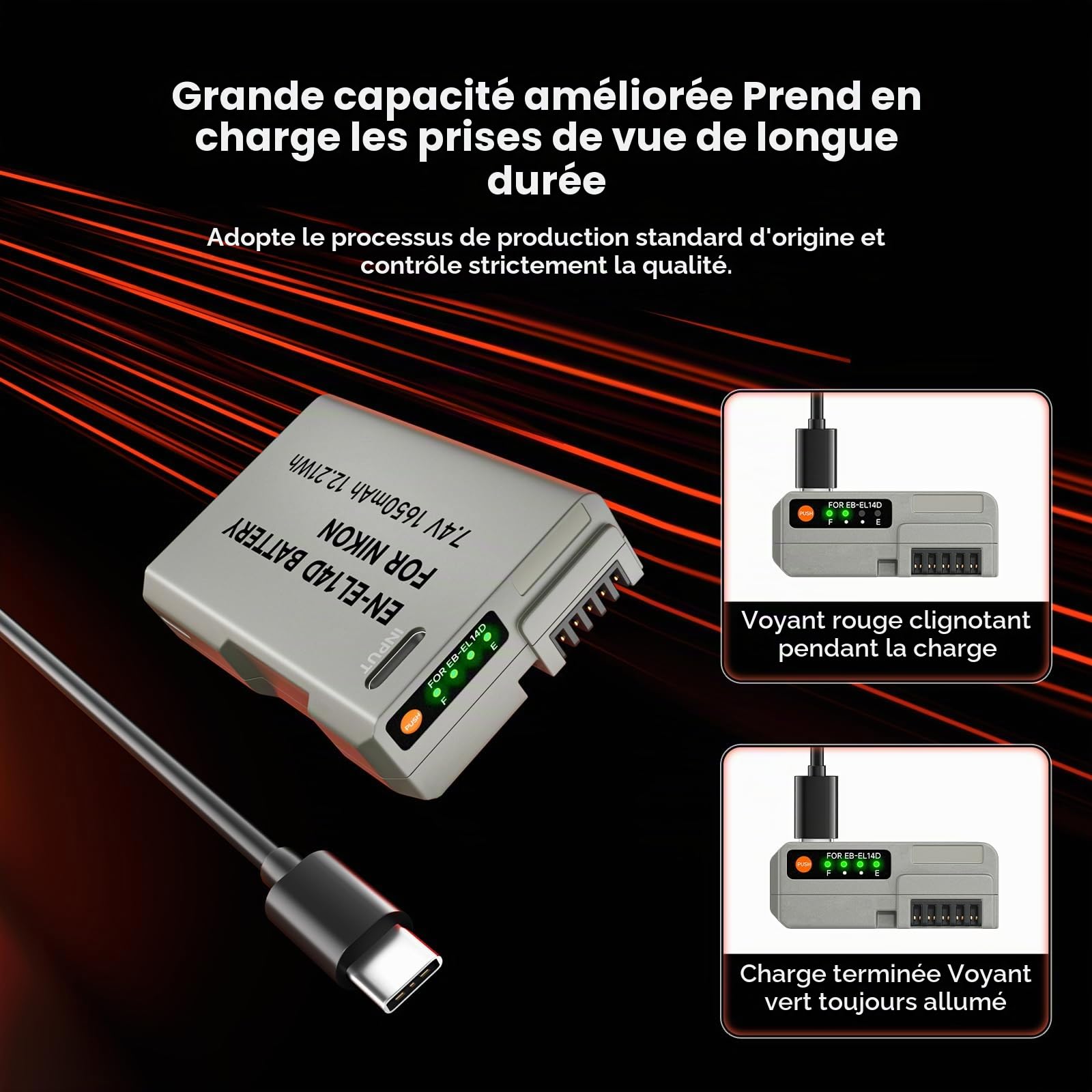 1650mAh ENEL14 Batterie de Rechange avec Câble de Charge USB-C pour Nikon D5600, D5100, D5200, D5300, D5500, D3100, D3200, D3300, D3400, D3500, P7000, P7100, P7200, P7700, P7800, DF (2Pcs)