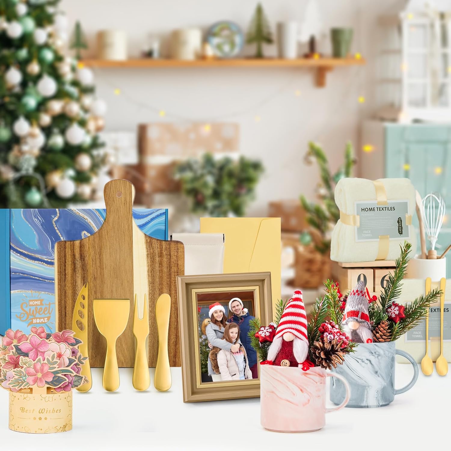 15Pcs Luxury House Warming Gifts New Home, Housewarming Gift Basket for Couples Friends First Apartment, Closing Gifts for Home Buyers, with Unique 3D Card Acacia Cutting Board Gold Cheese Knives