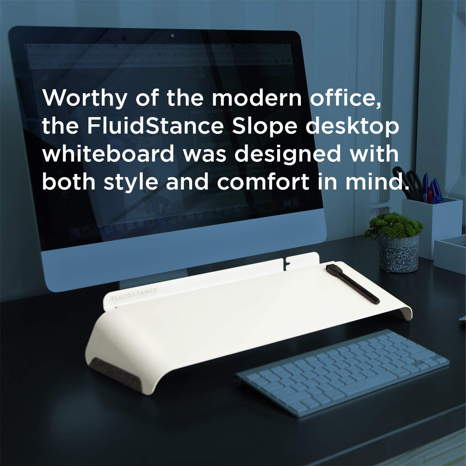 FluidStance Slope Desktop Dry Erase Computer to-Do Board, Dry Erase Surface, Solid Steel with White Surface (White, Medium)