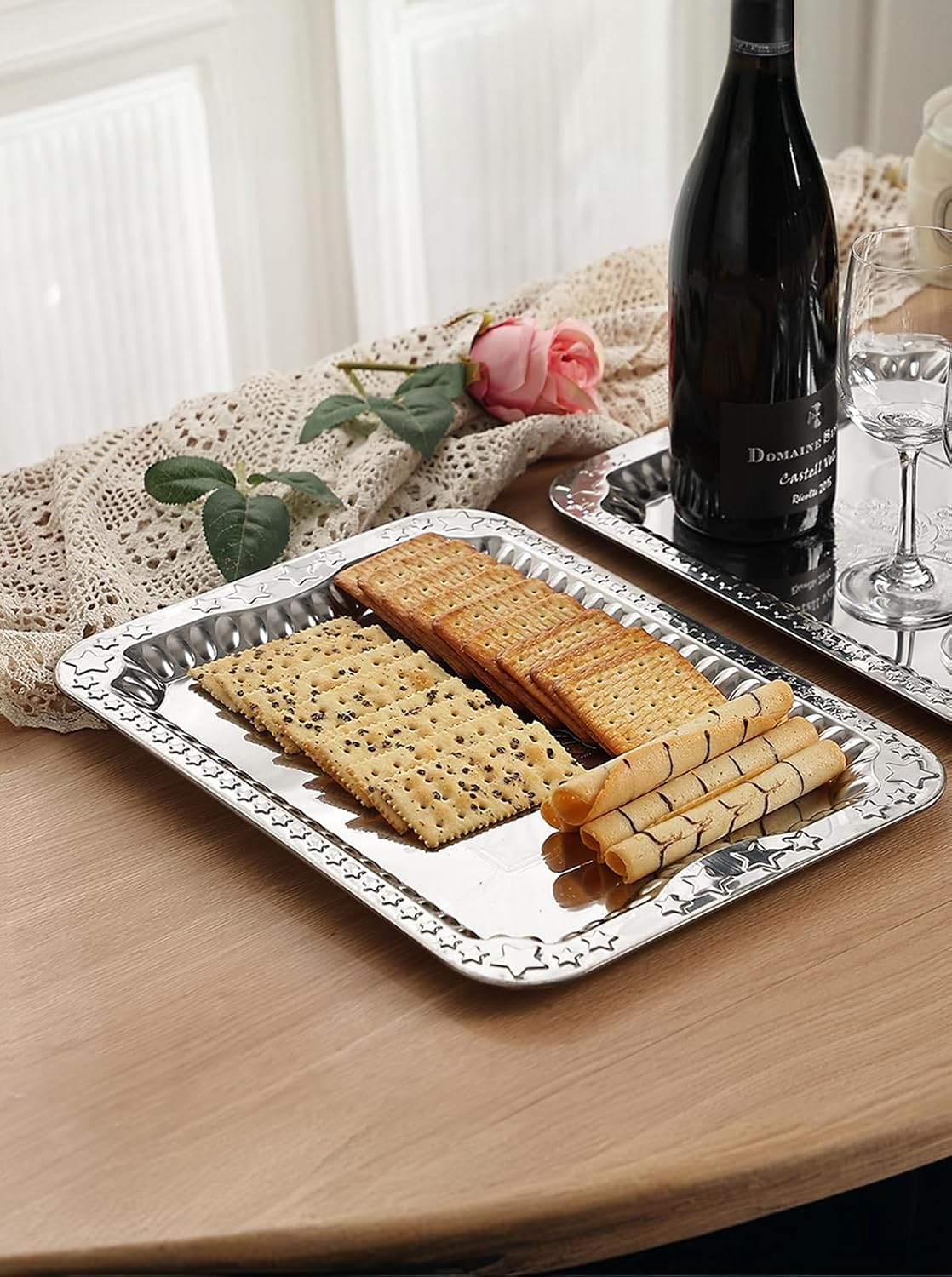 4 Pack America 250 Year Anniversary Silver Trays for Serving Set - 14.1" x 10.6" Star Engraved Mirror Tray, Birthday & Wedding Tableware Platters for Food, Appetizer, Charcuterie, Cookies, Desserts thumbnail