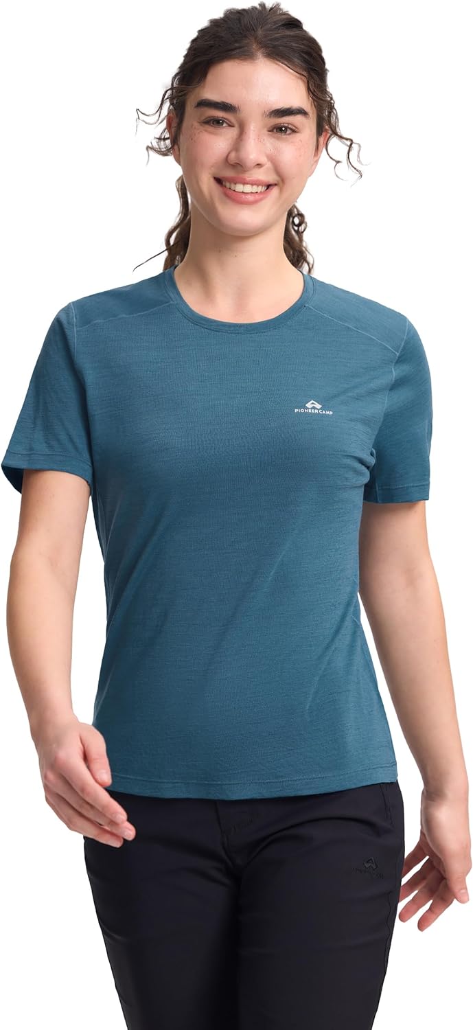 Pioneer Camp Women's Merino Wool Shirt, Breathable Short Sleeve Base Layer Workout Top Lightweight Travel Hiking Running