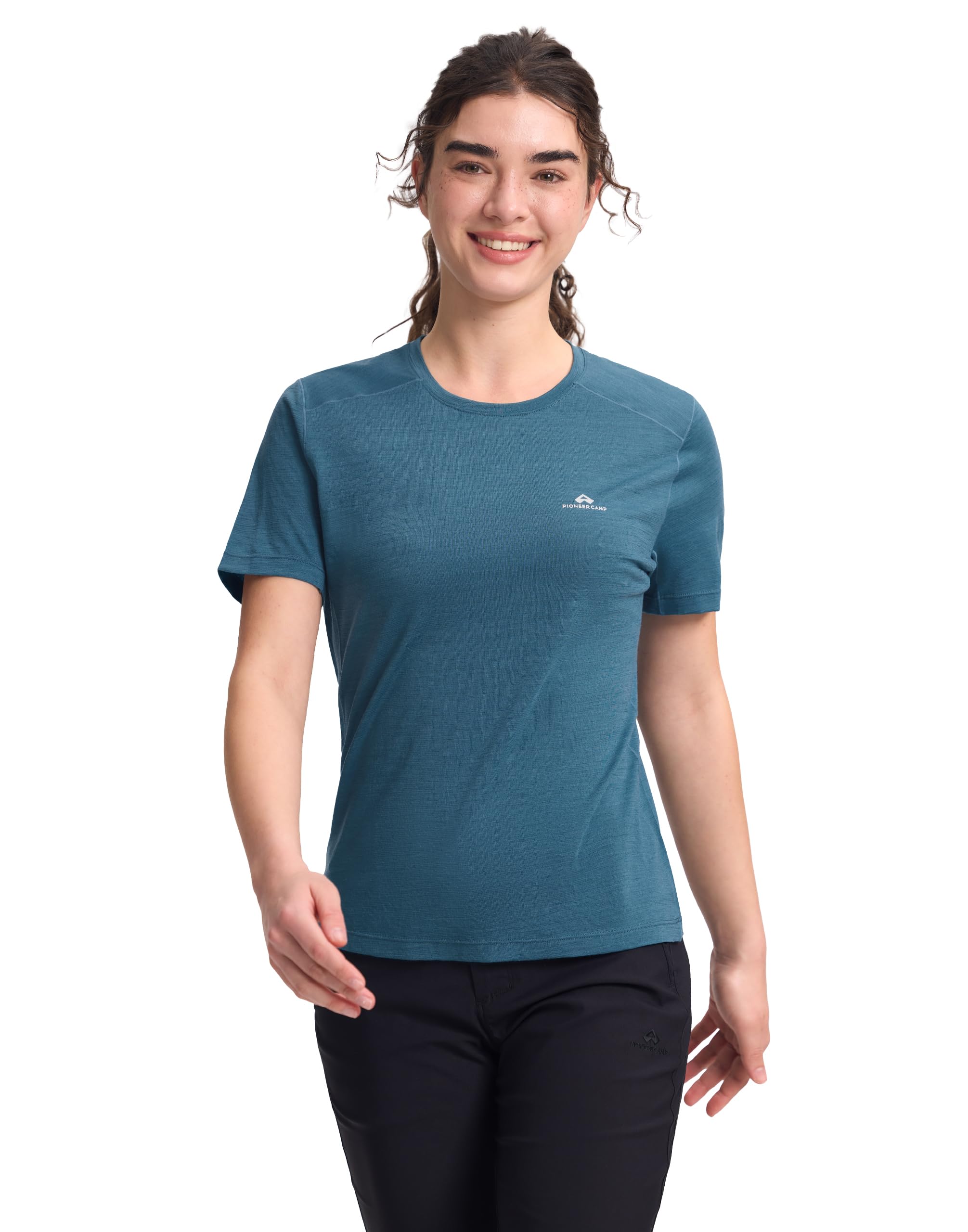 Pioneer Camp Maglietta da donna in lana merino funzionale, traspirante, a maniche corte, per donna, traspirante e ad asciugatura rapida, per escursioni, trail running, campeggio