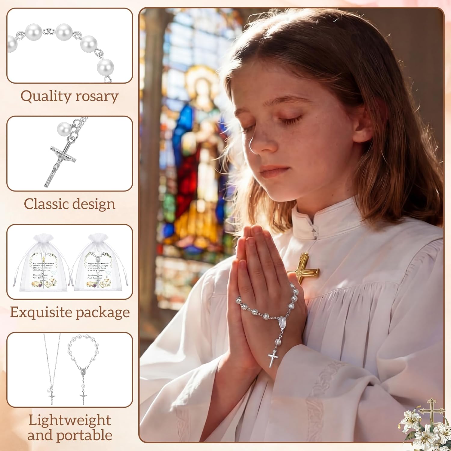 Fumete 144 Pcs First Holy Communion Gifts Communion Favors Sets Baptism Rosary Cross Necklace Bracelets with Cards Organza Bags Christian Easter Gifts for Religious Events(Silver)