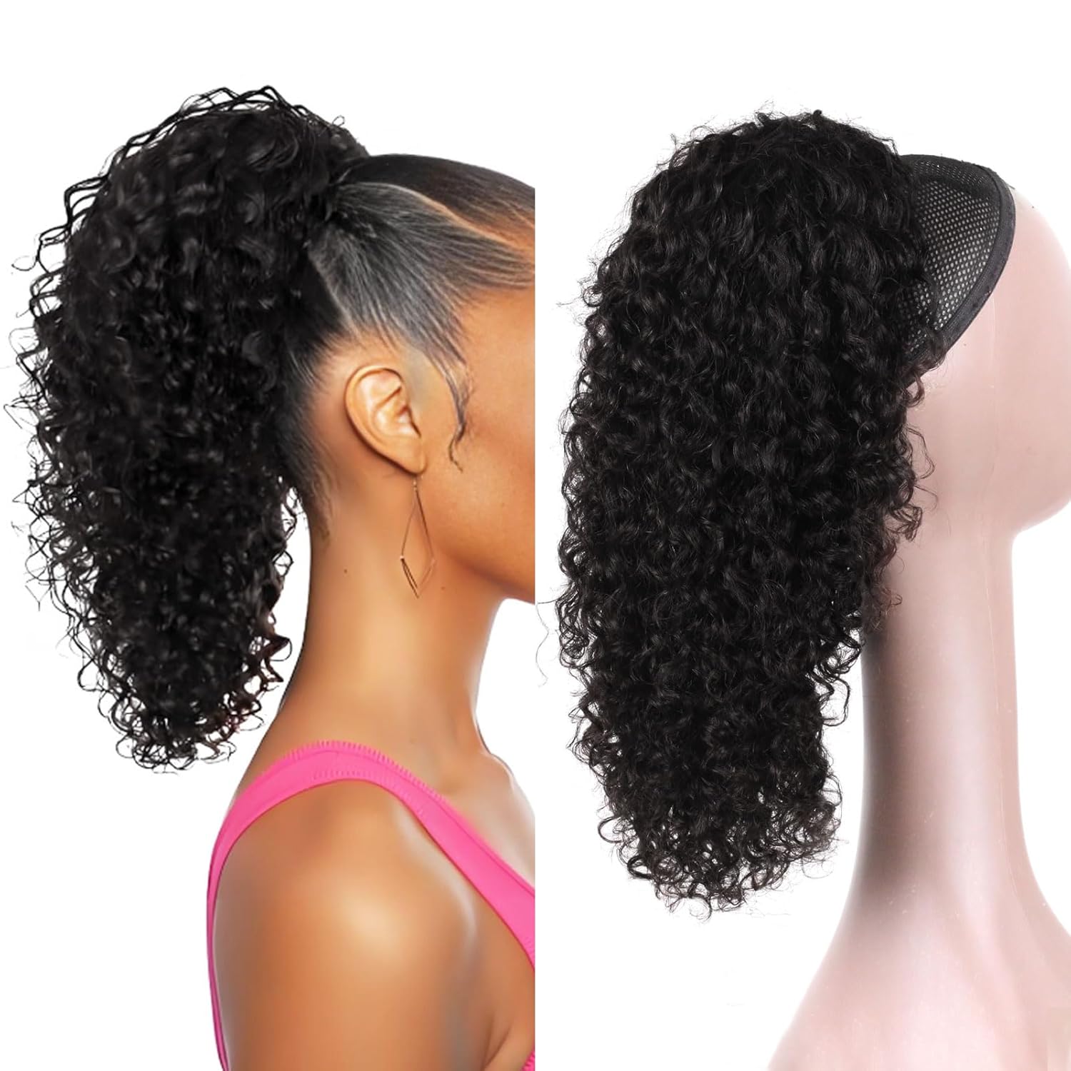 Kinky Curly Ponytail Extension Human Hair 18" Deep Wave Curly Natural Black Drawstring Ponytail for Black Women hair pieces Daily Use