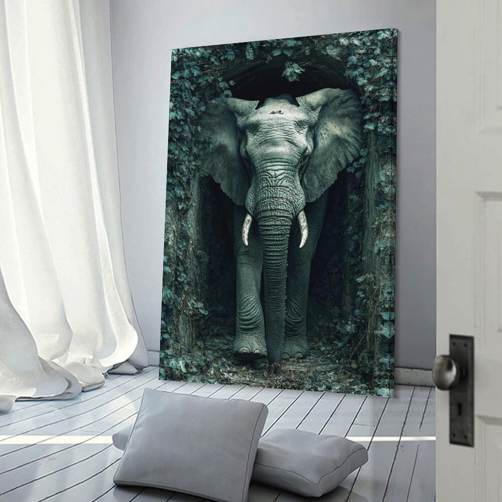 Junmoney Elephant Emerging from Ivy-covered Tunnel Wall Art Print 12x18inch(30x45cm), for Gallery Wall Layouts in Home Or Office, An Easy Match for Collected Prints