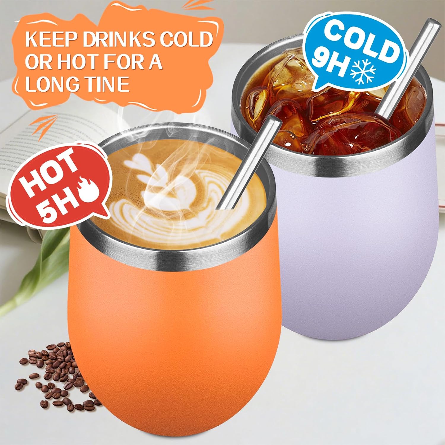 12oz/4 Pack Stainless Steel Wine Tumbler with Lid and Straw, Double Wall Vacuum Insulated Wine Tumbler Glasses, Stemless Travel Mugs for Hot and Cold Drinks, Coffee, Wine, Cocktails - Image 4