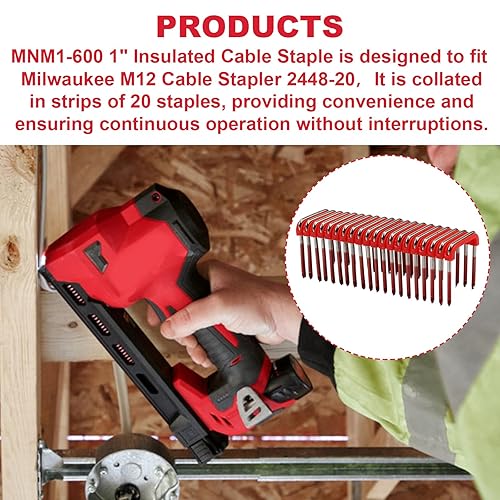 Miniatura 4 de UYZO Grapa de cable aislada de 1 pulgada MNM1-600 para pistola de grapadora de cable Milwaukee M12, se adapta a grapas de cable Milwaukee 2448-20