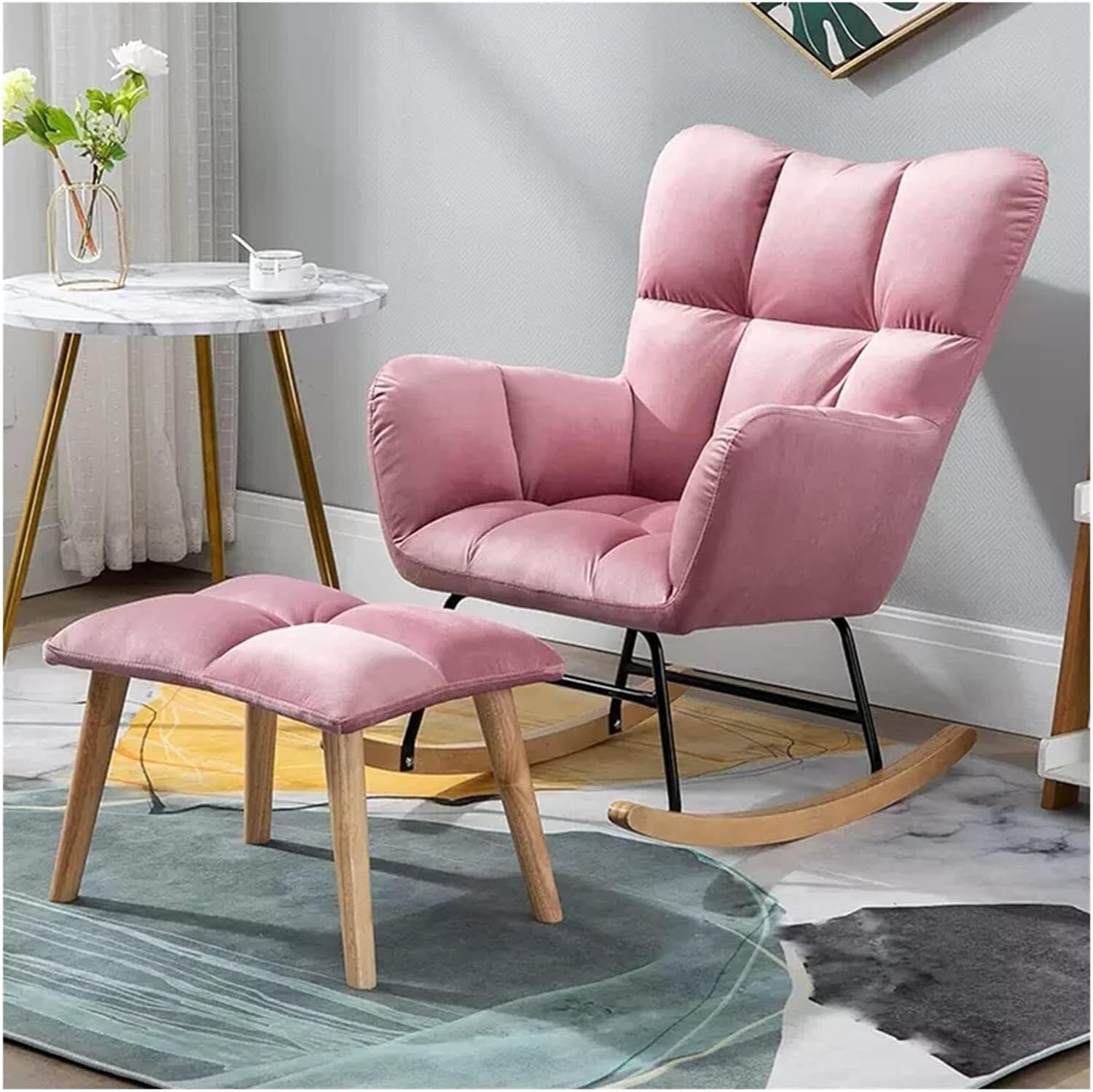 Velvet Rocking Accent Chair Glider Armchair with Ottoman, Comfy High Rest Rocker with Armrests for Living Room or Nursery