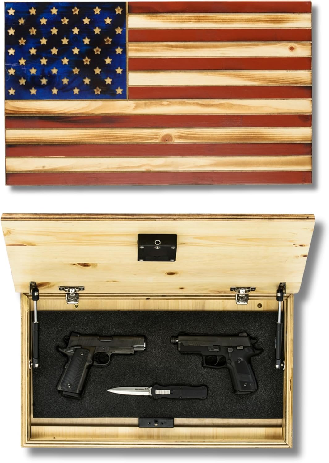 Tactical Traps - Old Glory Rustic American Flag Wall Storage with RFID Lock - 25" x 15" - Soft Lift-Up Door, Easy Installation, Secure Wall Storage - Red & Blue