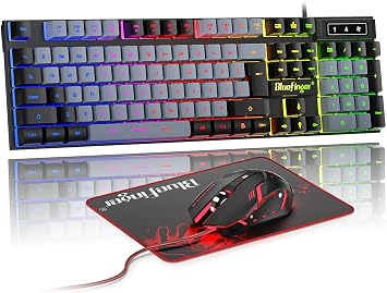 BlueFinger RGB Gaming Keyboard and Backlit Mouse Combo, USB Wired, LED Gaming Set for Laptop PC Computer Game and WorkBlack & Gray
